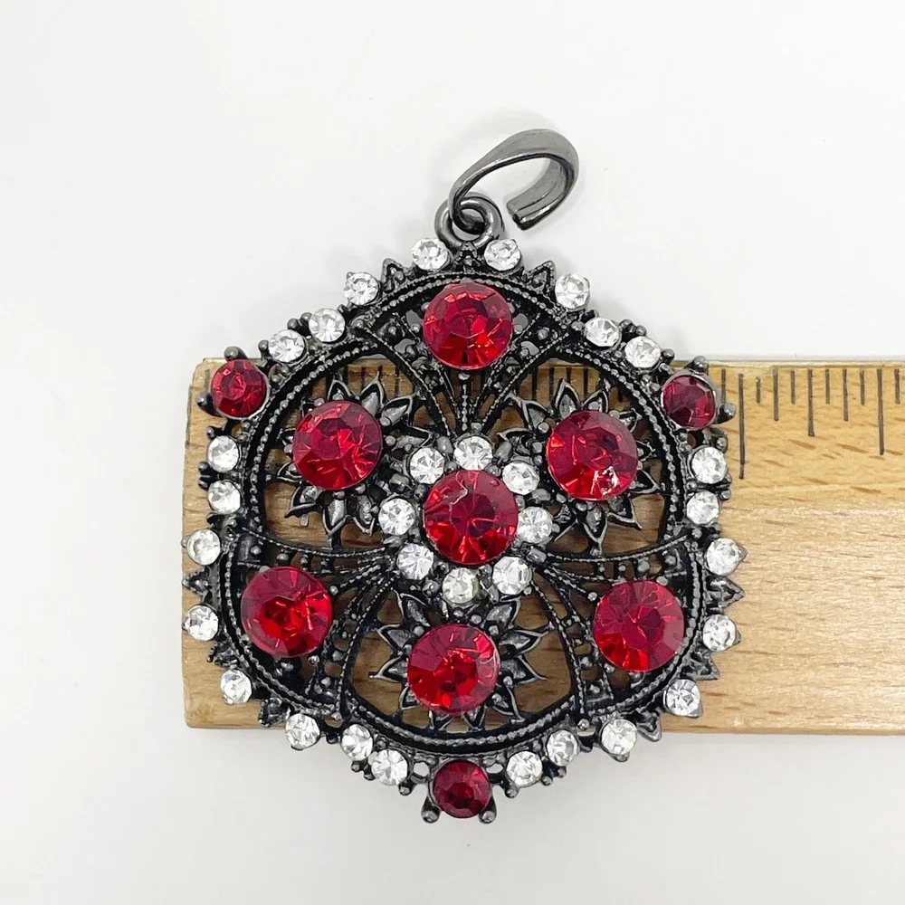 Gunmetal Filigree Pendant Red Clear Rhinestones Gothic Mandala Witchy Dark Fairy